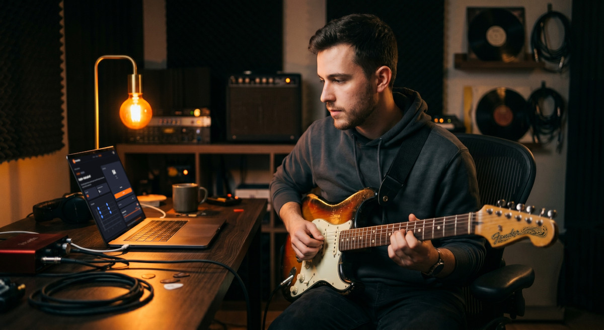 Guitarist with InstrumentGym exercise on laptop