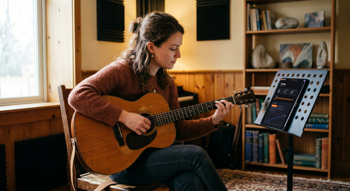 Guitarist reviewing progress on tablet